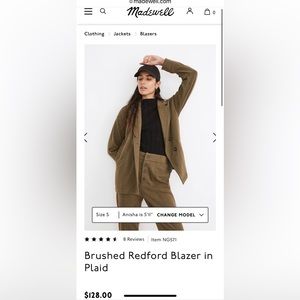 NWOT Madewell Brushed Redford Blazer in Plaid Sz M